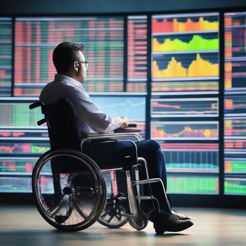 A man in a wheelchair immersed in trading forex, using a transparent cellophane screen displaying colorful graphics of market analytics.