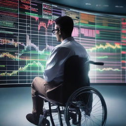 A man in a wheelchair immersed in trading forex, using a transparent cellophane screen displaying colorful graphics of market analytics.