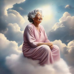 A loving depiction of a grandmother, radiant with joy, sitting on a fluffy cloud against a backdrop of ethereal skies denoting a heavenly realm.