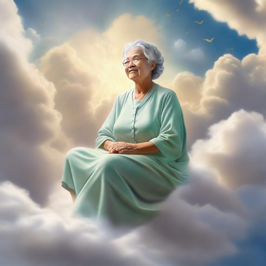 A loving depiction of a grandmother, radiant with joy, sitting on a fluffy cloud against a backdrop of ethereal skies denoting a heavenly realm.