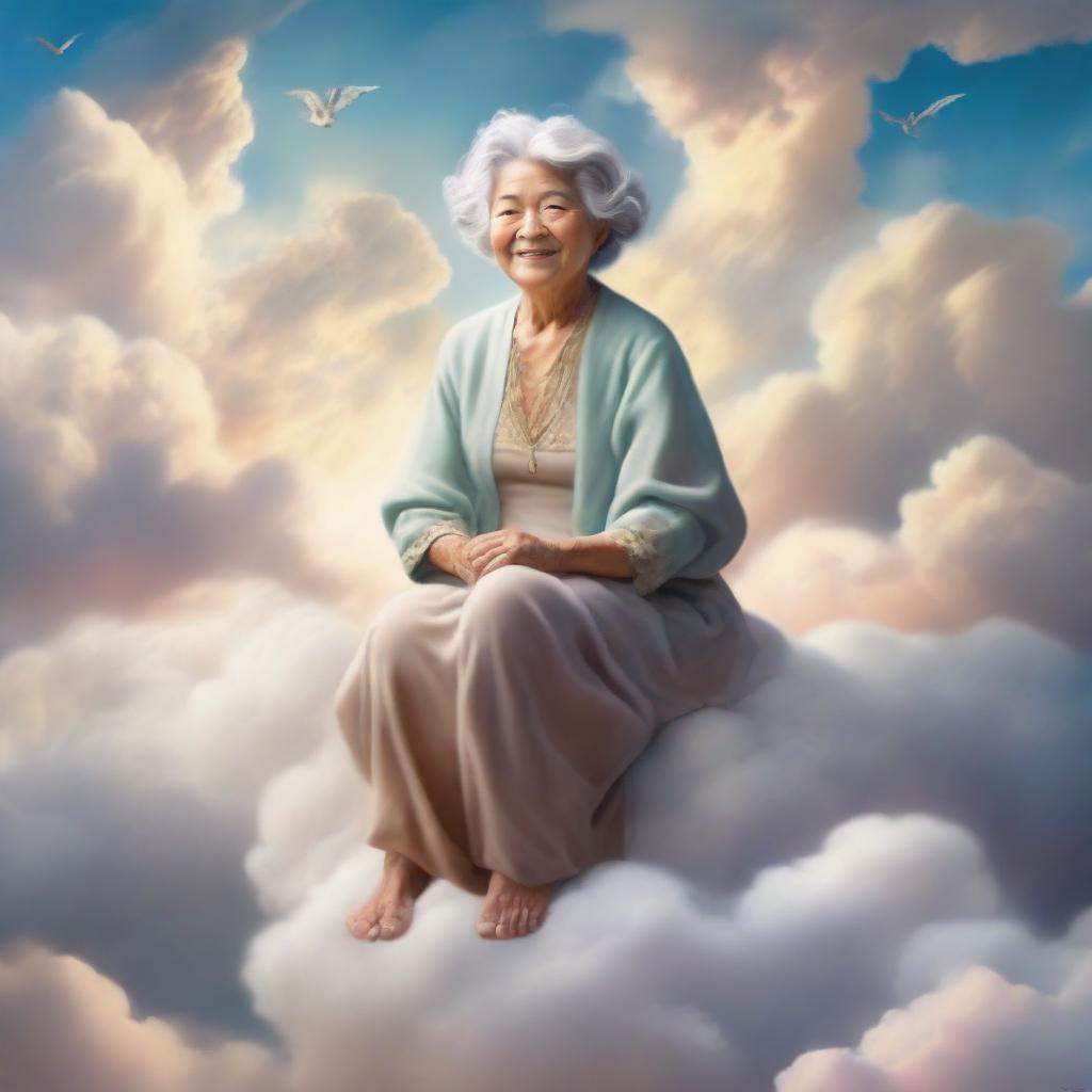 A loving depiction of a grandmother, radiant with joy, sitting on a fluffy cloud against a backdrop of ethereal skies denoting a heavenly realm.