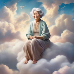 A loving depiction of a grandmother, radiant with joy, sitting on a fluffy cloud against a backdrop of ethereal skies denoting a heavenly realm.