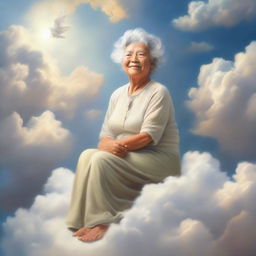 A loving depiction of a grandmother, radiant with joy, sitting on a fluffy cloud against a backdrop of ethereal skies denoting a heavenly realm.