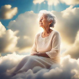 An ethereal image of a loving grandmother, bathed in radiant light, sitting on a fluffy cloud against a backdrop of a peaceful sky, signifying heaven.