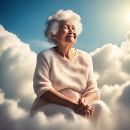 An ethereal image of a loving grandmother, bathed in radiant light, sitting on a fluffy cloud against a backdrop of a peaceful sky, signifying heaven.