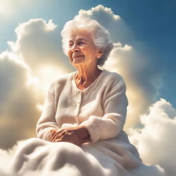 An ethereal image of a loving grandmother, bathed in radiant light, sitting on a fluffy cloud against a backdrop of a peaceful sky, signifying heaven.