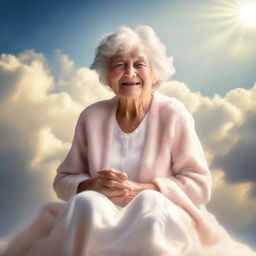 An ethereal image of a loving grandmother, bathed in radiant light, sitting on a fluffy cloud against a backdrop of a peaceful sky, signifying heaven.