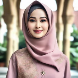 An Indonesian woman, Winda, beautifully dressed in Muslim attire with an elegant hijab