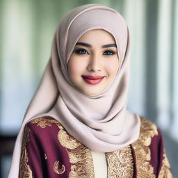 An Indonesian woman, Winda, beautifully dressed in Muslim attire with an elegant hijab