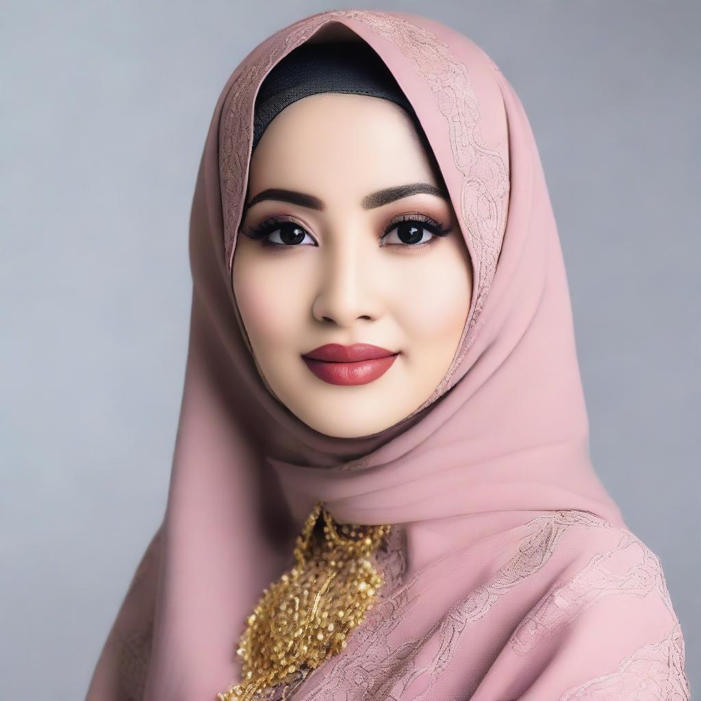 An Indonesian woman, Winda, beautifully dressed in Muslim attire with an elegant hijab