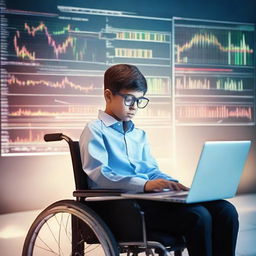 A boy in a wheelchair deeply focused on trading forex, working on a sleek laptop that is showing vivid charts and financial data.