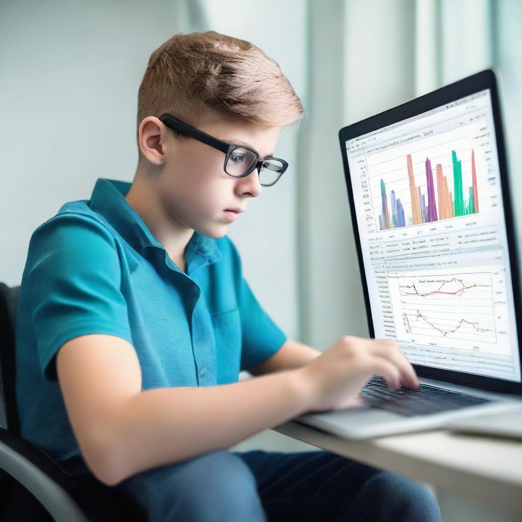 A boy in a wheelchair deeply focused on trading forex, working on a sleek laptop that is showing vivid charts and financial data.