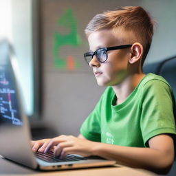 A boy in a wheelchair deeply focused on trading forex, working on a sleek laptop that is showing vivid charts and financial data.