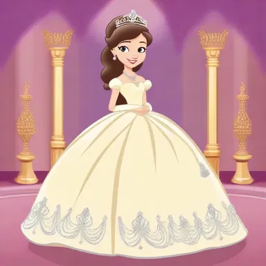 The princess decked up in her finest gown and sparkling tiara for the royal ball in the animated cartoon.