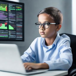 A boy in a wheelchair deeply focused on trading forex, working on a sleek laptop that is showing vivid charts and financial data.