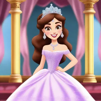 The princess decked up in her finest gown and sparkling tiara for the royal ball in the animated cartoon.