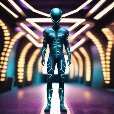 The alien ambassador decked up in a futuristic suit with glowing patterns to make a grand entrance at the intergalactic conference.