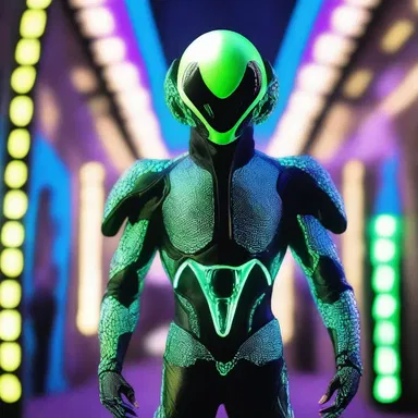 The alien ambassador decked up in a futuristic suit with glowing patterns to make a grand entrance at the intergalactic conference.