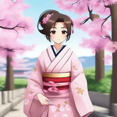 The protagonist decked up in a traditional kimono and tied a decorative obi around her waist to attend the annual cherry blossom festival in the anime series.