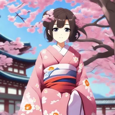 The protagonist decked up in a traditional kimono and tied a decorative obi around her waist to attend the annual cherry blossom festival in the anime series.