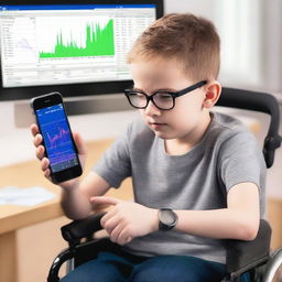 A boy in a wheelchair thoroughly engrossed in the MetaTrader app on a modern smartphone, displaying real-time forex charts.