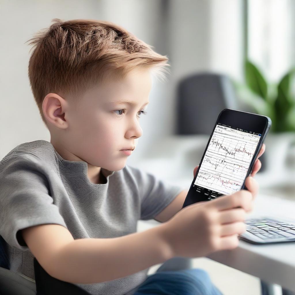 A boy in a wheelchair thoroughly engrossed in the MetaTrader app on a modern smartphone, displaying real-time forex charts.