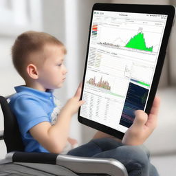 A boy in a wheelchair thoroughly engrossed in the MetaTrader app on a modern smartphone, displaying real-time forex charts.