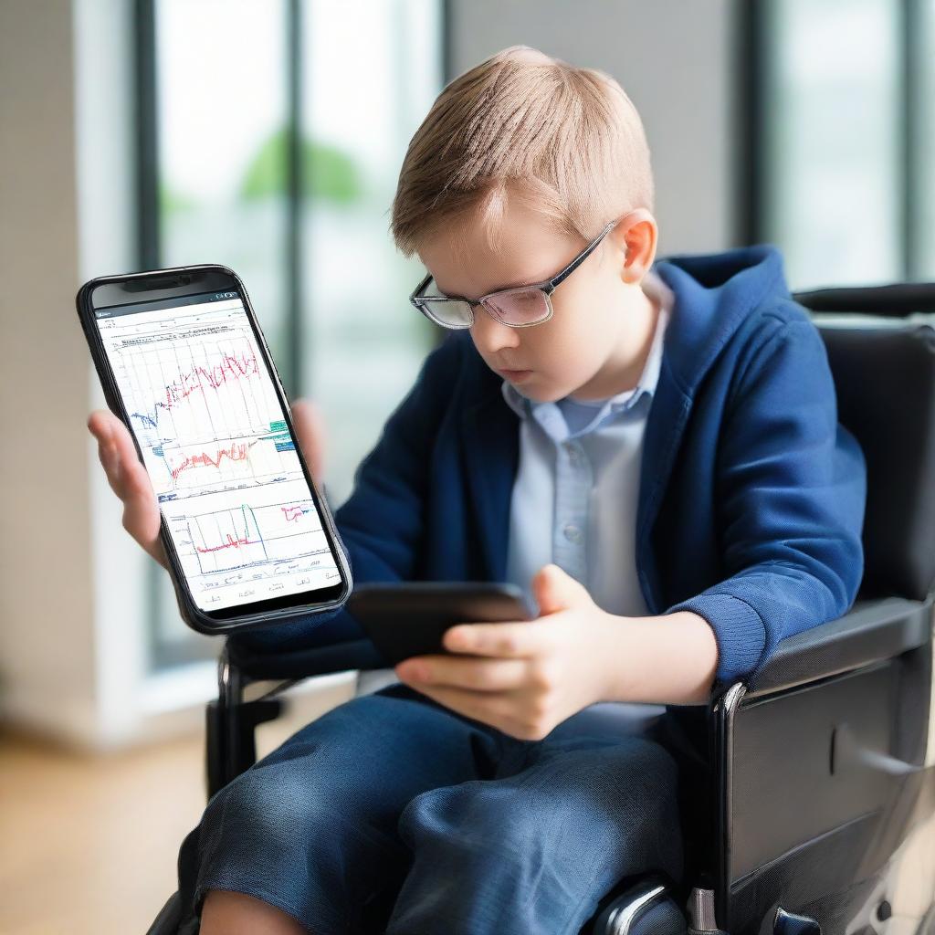 A boy in a wheelchair thoroughly engrossed in the MetaTrader app on a modern smartphone, displaying real-time forex charts.