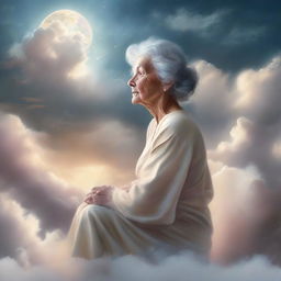 A tender portrayal of a grandmother, bathed in a gentle glow, sitting in the midst of ethereal clouds against a backdrop of a serene, celestial sky, denoting heaven.