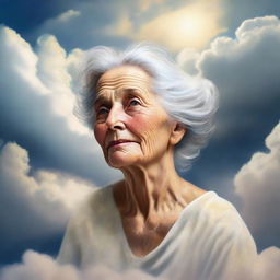 A tender portrayal of a grandmother, bathed in a gentle glow, sitting in the midst of ethereal clouds against a backdrop of a serene, celestial sky, denoting heaven.