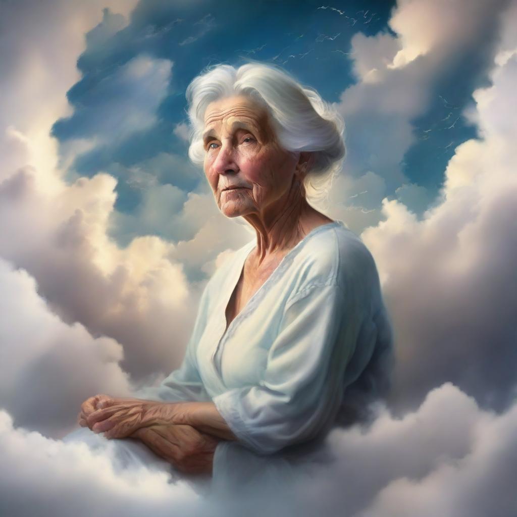 A tender portrayal of a grandmother, bathed in a gentle glow, sitting in the midst of ethereal clouds against a backdrop of a serene, celestial sky, denoting heaven.