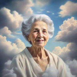 A tender portrayal of a grandmother, bathed in a gentle glow, sitting in the midst of ethereal clouds against a backdrop of a serene, celestial sky, denoting heaven.