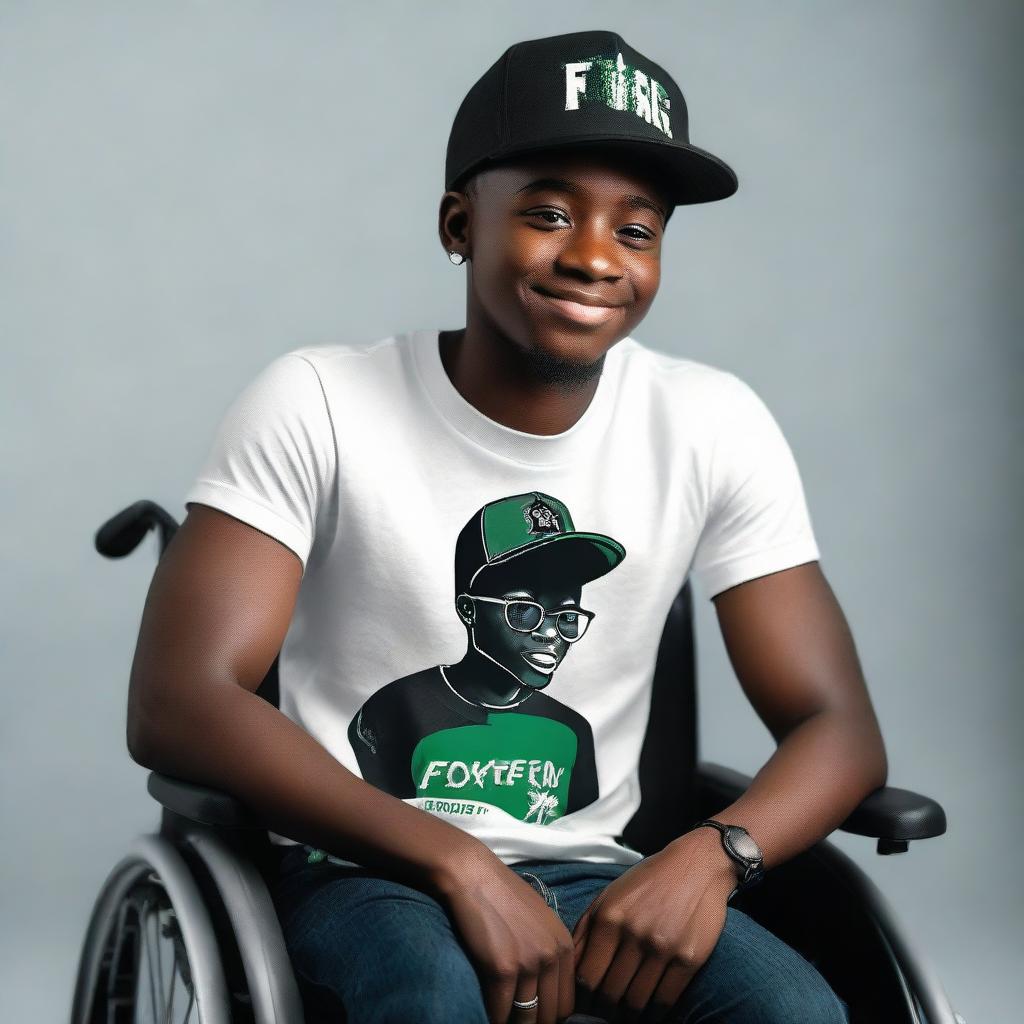 A black boy in a wheelchair, confidently wearing a forex-themed T-shirt and cap, symbolizing his passion for trading.