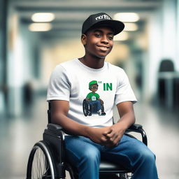 A black boy in a wheelchair, confidently wearing a forex-themed T-shirt and cap, symbolizing his passion for trading.