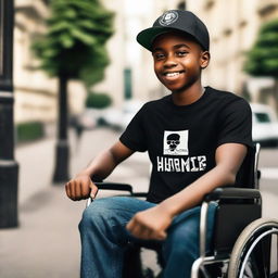 A black boy in a wheelchair, confidently wearing a forex-themed T-shirt and cap, symbolizing his passion for trading.