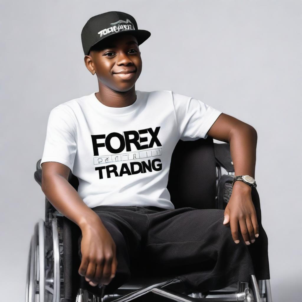 A black boy in a wheelchair, confidently wearing a forex-themed T-shirt and cap, symbolizing his passion for trading.