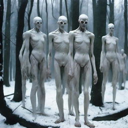 A group of six slim, snow-like pale zombies with stark white eyes, devoid of pupils stand in the woods. They are hairless with a lack of muscle definition, their bodies slender, pallid, and unearthly.