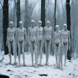 A group of six slim, snow-like pale zombies with stark white eyes, devoid of pupils stand in the woods. They are hairless with a lack of muscle definition, their bodies slender, pallid, and unearthly.