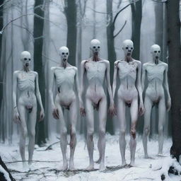 A group of six slim, snow-like pale zombies with stark white eyes, devoid of pupils stand in the woods. They are hairless with a lack of muscle definition, their bodies slender, pallid, and unearthly.