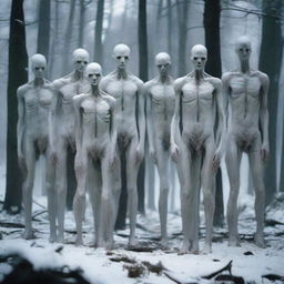 A group of six slim, snow-like pale zombies with stark white eyes, devoid of pupils stand in the woods. They are hairless with a lack of muscle definition, their bodies slender, pallid, and unearthly.