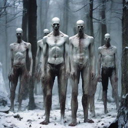 A group of six slim, snow-pale zombies with completely white eyes stand in the woods. Lacking hair and muscles, their slender, white bodies are clothed in ripped pants and shorts, adding to their eerie presence.