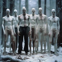 A group of six slim, snow-pale zombies with completely white eyes stand in the woods. Lacking hair and muscles, their slender, white bodies are clothed in ripped pants and shorts, adding to their eerie presence.