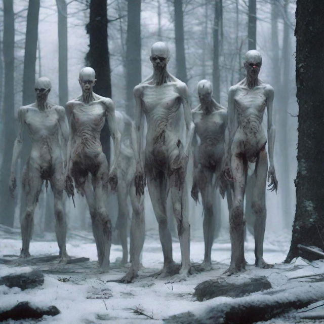 A group of six slim, snow-pale zombies with completely white eyes stand in the woods. Lacking hair and muscles, their slender, white bodies are clothed in ripped pants and shorts, adding to their eerie presence.