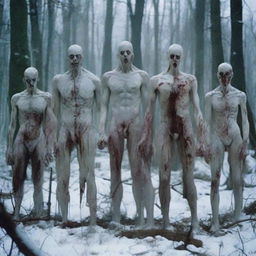 A group of six slim, snow-pale zombies with completely white eyes stand in the woods. Lacking hair and muscles, their slender, white bodies are clothed in ripped pants and shorts, adding to their eerie presence.