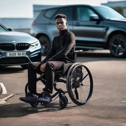 A black boy in a wheelchair confidently positioned in front of a sleek BMW M4, showcasing a blend of resilience and luxury.