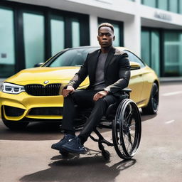 A black boy in a wheelchair confidently positioned in front of a sleek BMW M4, showcasing a blend of resilience and luxury.