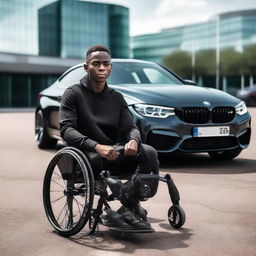 A black boy in a wheelchair confidently positioned in front of a sleek BMW M4, showcasing a blend of resilience and luxury.