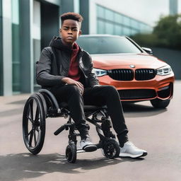 A black boy in a wheelchair confidently positioned in front of a sleek BMW M4, showcasing a blend of resilience and luxury.