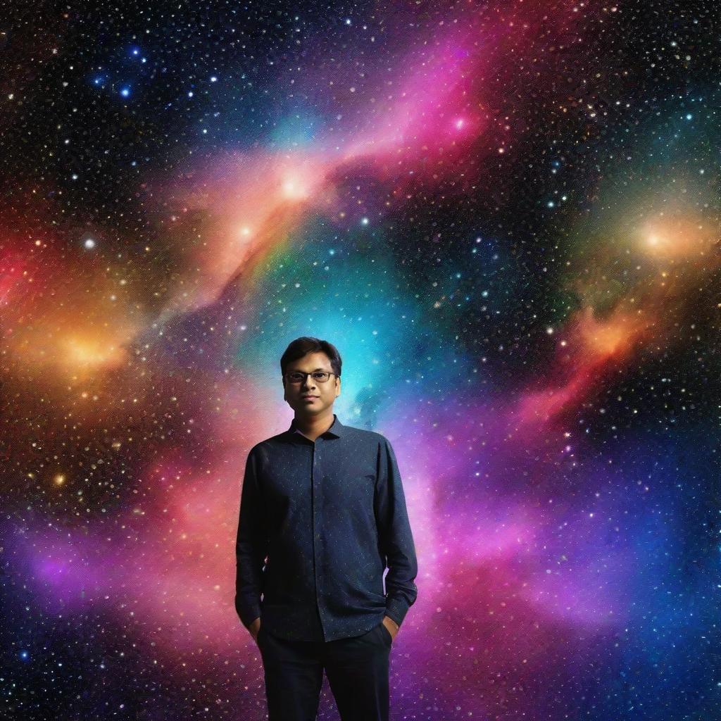 Rajesh Dai standing amidst a backdrop of a twinkling star-studded universe with galaxies and nebulas around him.