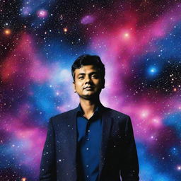 Rajesh Dai standing amidst a backdrop of a twinkling star-studded universe with galaxies and nebulas around him.